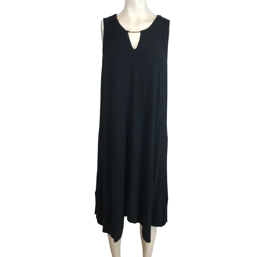 Soma Womens‎ XL Black Sleeveless Dress Gold Bar V-Neck Jersey Knit Shift